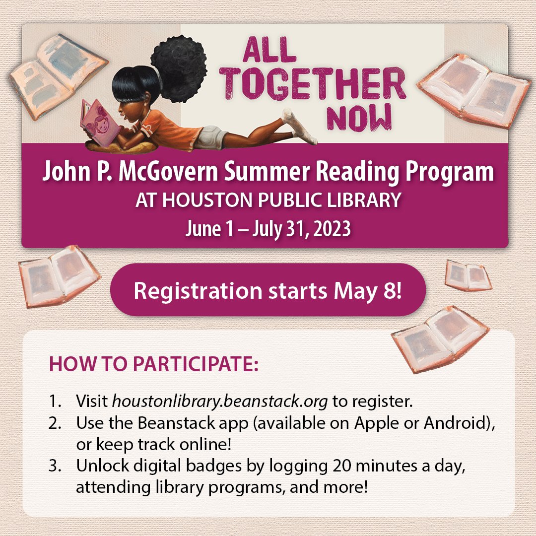 houstonlibrary's tweet image. The countdown to Summer Reading starts now! HPL's John P. McGovern Summer Reading Program is for everyone! Sign up today, May 8, and track your reading goals starting June 1! Visit this link for more information. #ILoveHPL #SummerReadingProgram