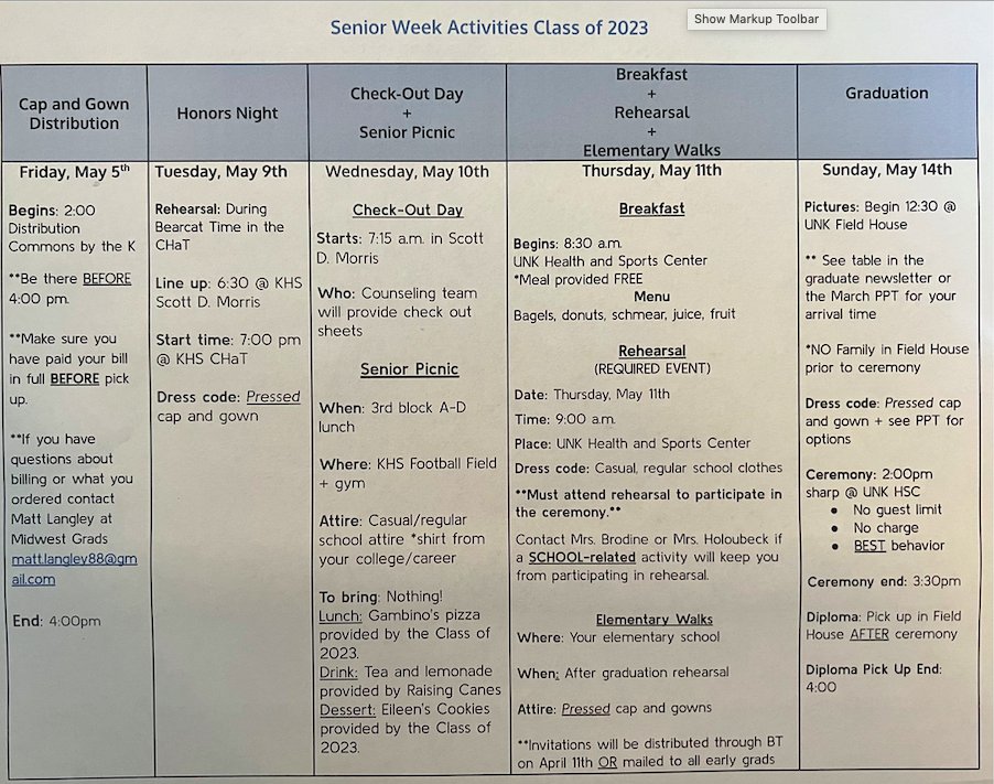 Seniors! Here is your schedule for the week. LOTS of exciting things happening! We look forward to celebrating you all!
