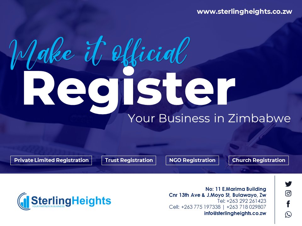 sterlingheightz's tweet photo. Are you planning on registering a business in Zimbabwe and are wondering what form of incorporation your company should take?

Feel free to contact us today using the contact details on the poster. https://t.co/wQz2RKlPjh