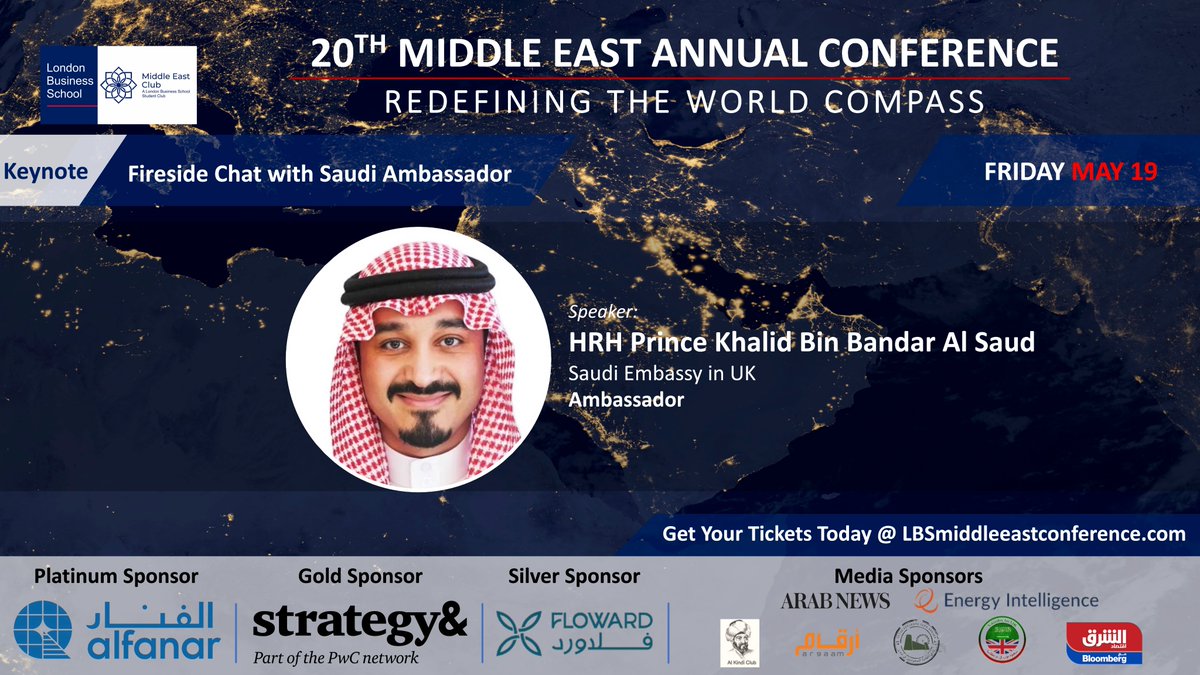 LBSMEC's tweet photo. With great pleasure, we announce the participation of HRH Prince Khalid bin Bander Al Saud, Saudi Ambassador to the United Kingdom, as a keynote speaker at the 20th Middle East Conference.

Get your tickets today: 
https://t.co/yJi6KEQMlE https://t.co/BUKhuWvZPz