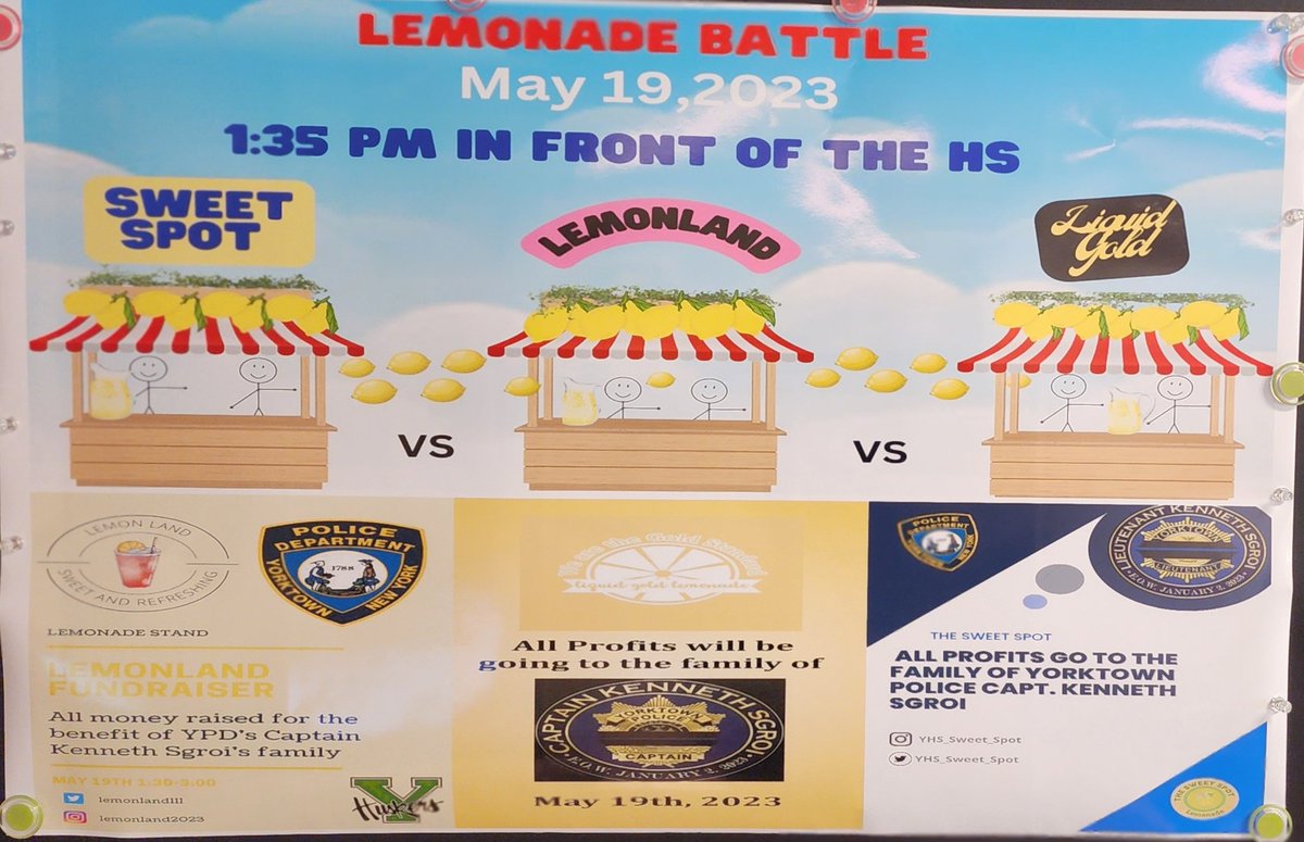 Lemonade Stand supporting Captain Kenneth Sgroi's family. Please stop and support Sports &amp; Entertainment Marketing efforts. <a href="/Lemonland111/">Lemon land</a> @LiquidGoldYHS <a href="/YHS_Sweet_Spot/">Sweet spot</a> <a href="/YHSClassof2020/">YHS Class Of 2020</a> <a href="/YHSDeGennaro/">Mr. Joseph DeGennaro</a> <a href="/RonHattar/">Dr. Ron Hattar</a> <a href="/YHSPTSA/">YHS PTSA</a> <a href="/YHS__Senate/">YHS Student Senate</a> <a href="/YHSSciRes/">Yorktown High School Science Research 🌽🥽</a> <a href="/YtownHuskers/">Yorktown Football</a> <a href="/YorktownCSD/">YorktownCSD</a>