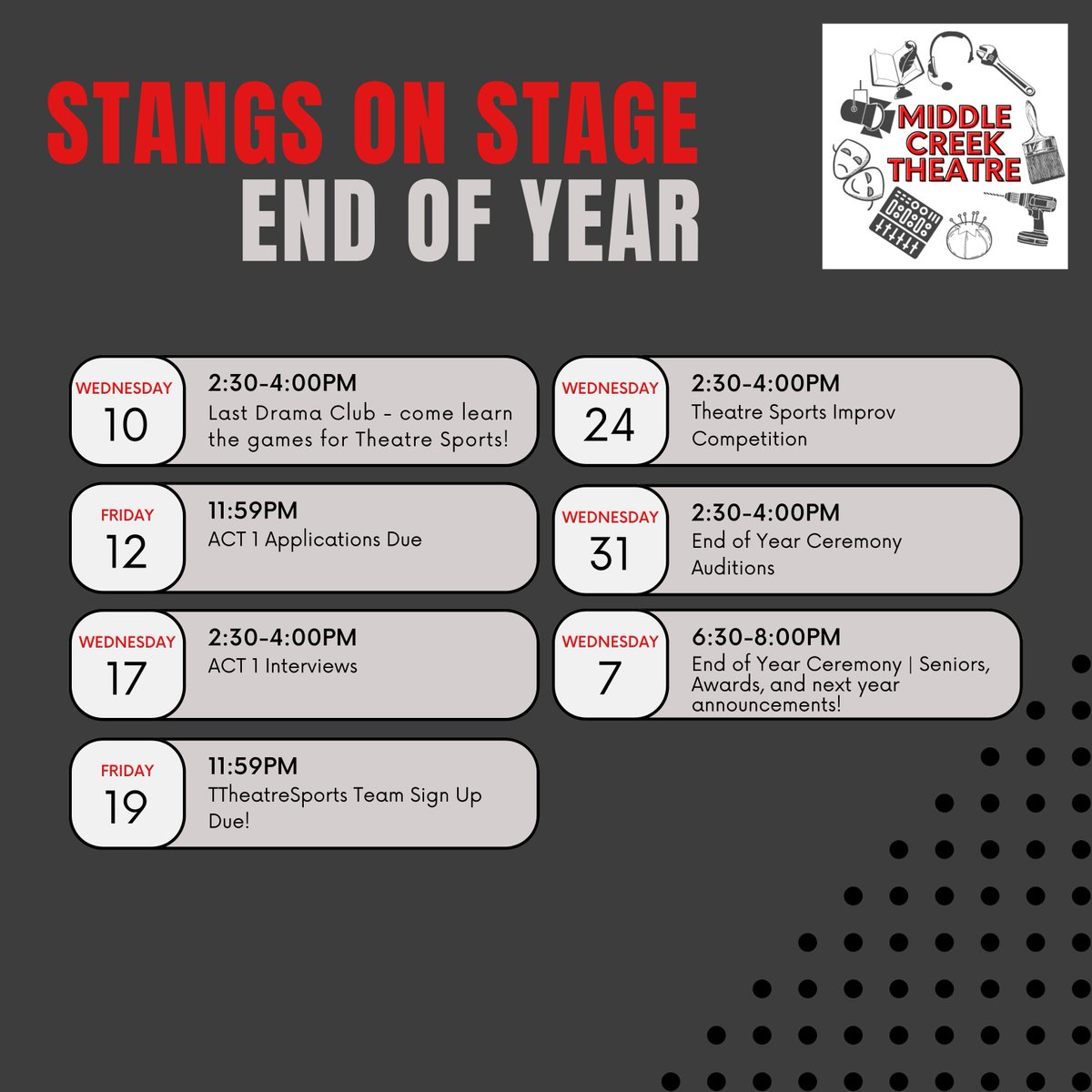 There may only be 19 days of classes before exams, but the Stangs on Stage are galloping onward! Don't miss any of the upcoming events and deadlines!