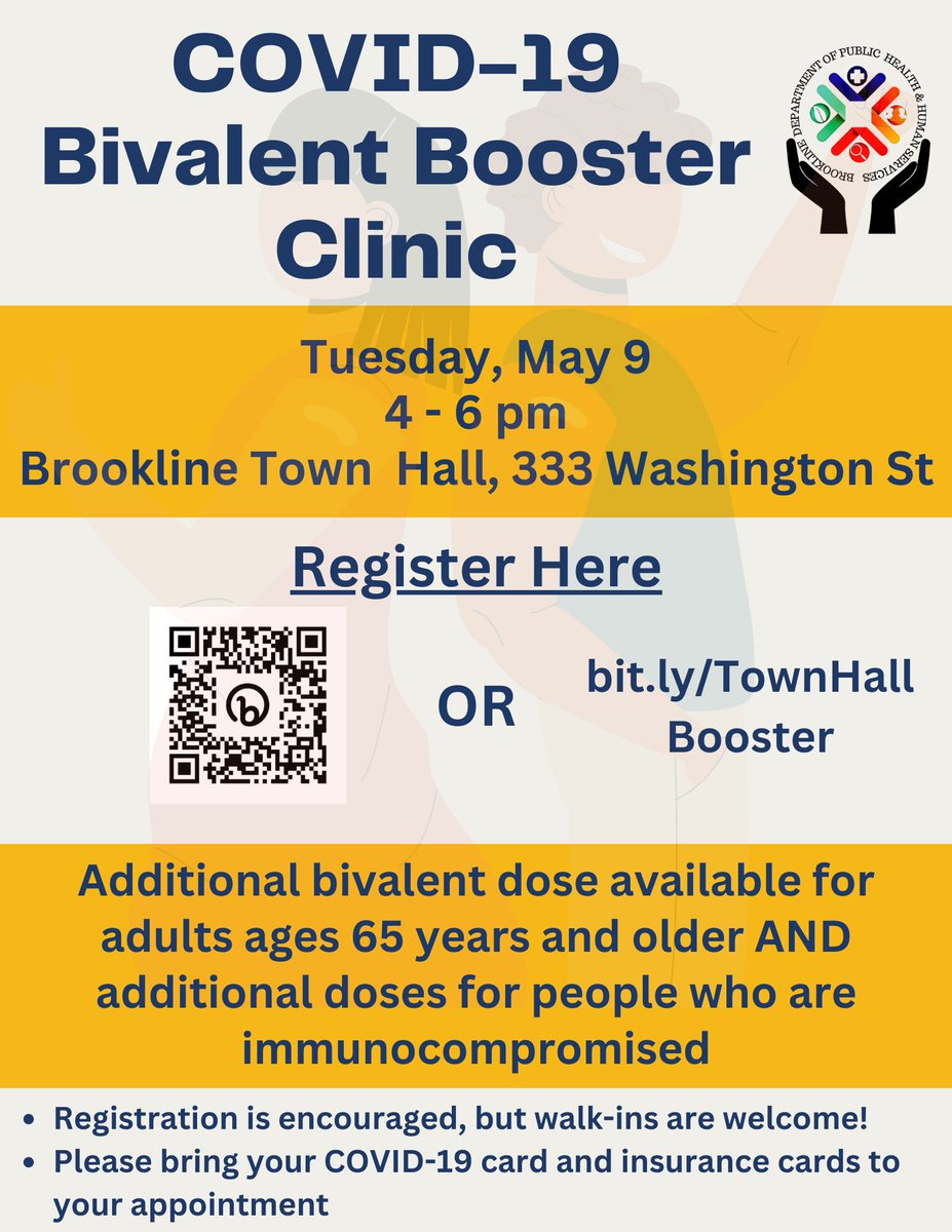 TOMORROW!

COVID-19 Bivalent Clinic in coordination with VaxinateRX

When: Tuesday, May 9 from 4 - 6 PM
Where: Brookline Town Hall

Register here: bit.ly/TownHallBooster