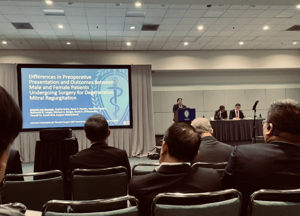 Couldn’t be more grateful for the privilege of presenting our research at the most prestigious meeting of our specialty @AATSHQ #AATS2023 

❗️surgery for DMR delayed in women
❗️more postoperative complications including MCS in women
❗️indexing LV diameters may help

@MelnitchoukS…