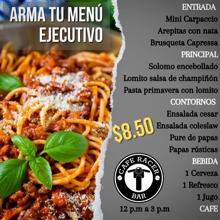 Nuestro menú ejecutivo para esta semana ya esta disponible para que escojas tu mejor combinación y al mismo precio de promo. 

Valido de lunes a viernes de 12pm a 3pm

Te esperamos!! #caferacerfestival instagr.am/p/Cr_Hp3eO-Xl/