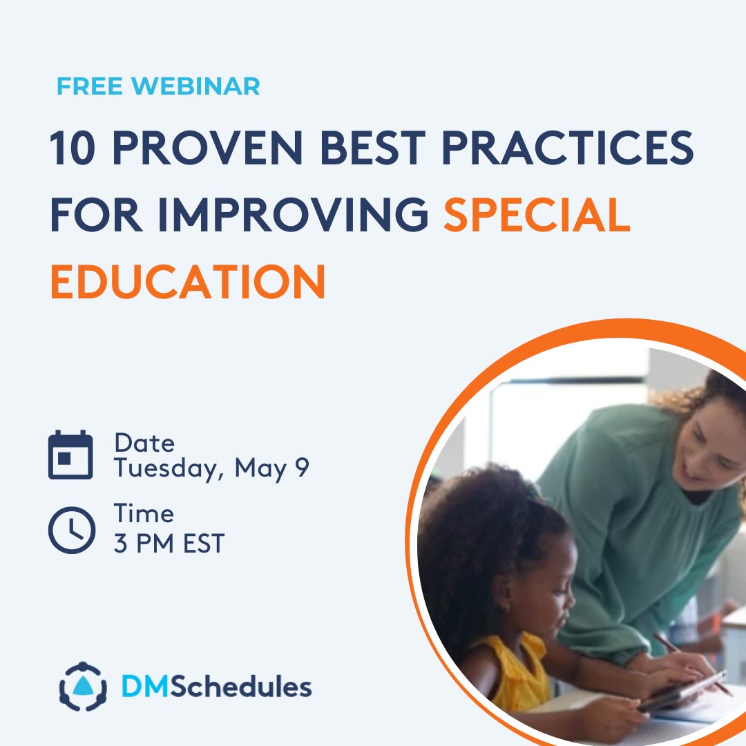 Learn how to improve the efficiency and effectiveness of special #education, interventions, and related services at our FREE #WEBINAR on Ten Best Practices for Improving Special Education - Tue 05/09 at 3 pm EST. Register at hubs.ly/Q01N-j0x0
#K12 #principal