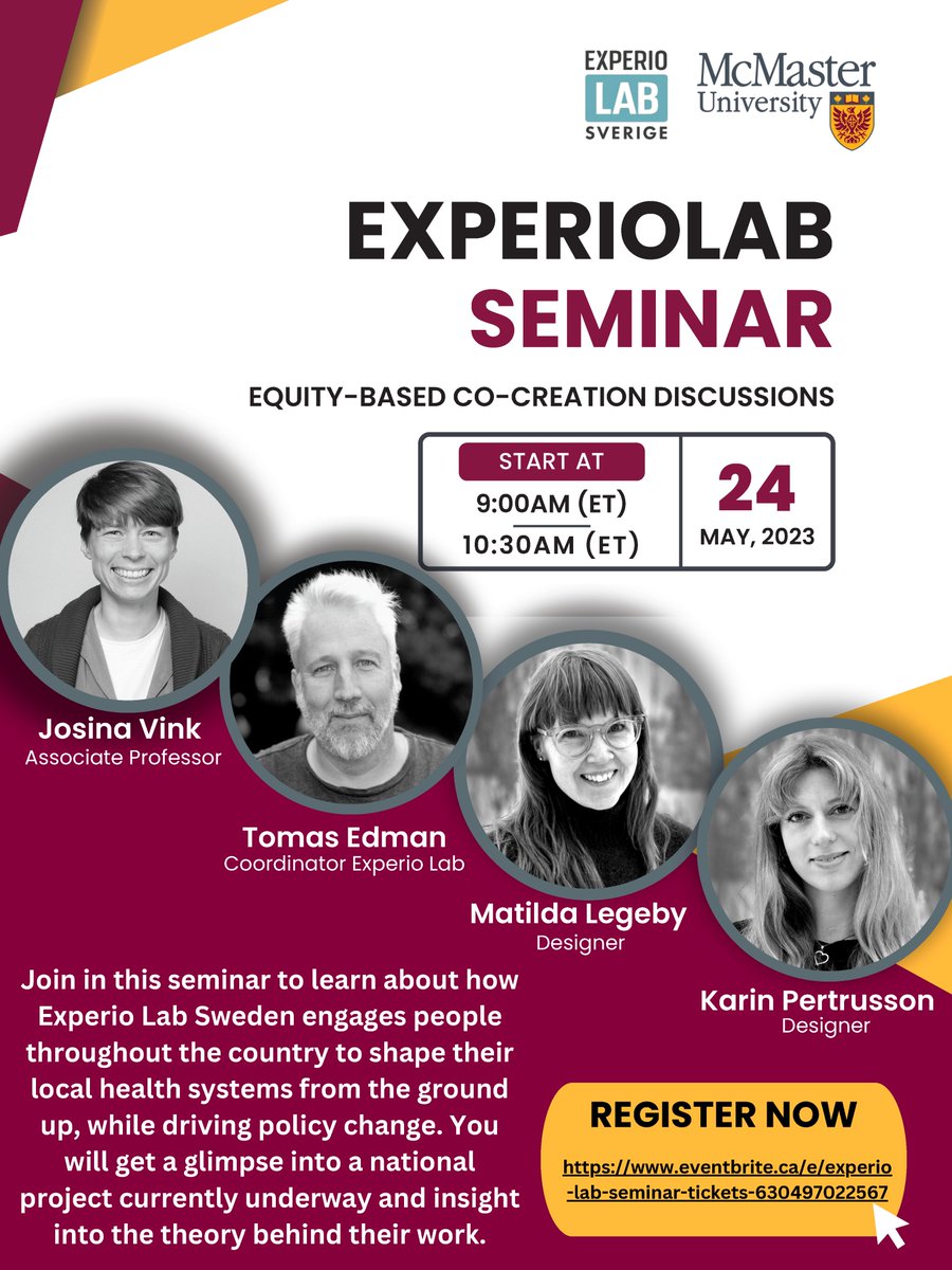 🚨✨<a href="/ExperioLab/">Experio Lab</a> will be joining <a href="/CodesignHub/">McMaster CoDesign Hub for Equity-Based CoCreation</a> for upcoming Equity-Based Co-Creation Discussions✨ 

More details ⬇️⬇️

📅 Date: Wed May 24 
⏰ Time: 9am to 1030am ET
🖱️ Register: eventbrite.ca/e/experio-lab-…
📨 Accessibility Questions - codesign@mcmaster.ca