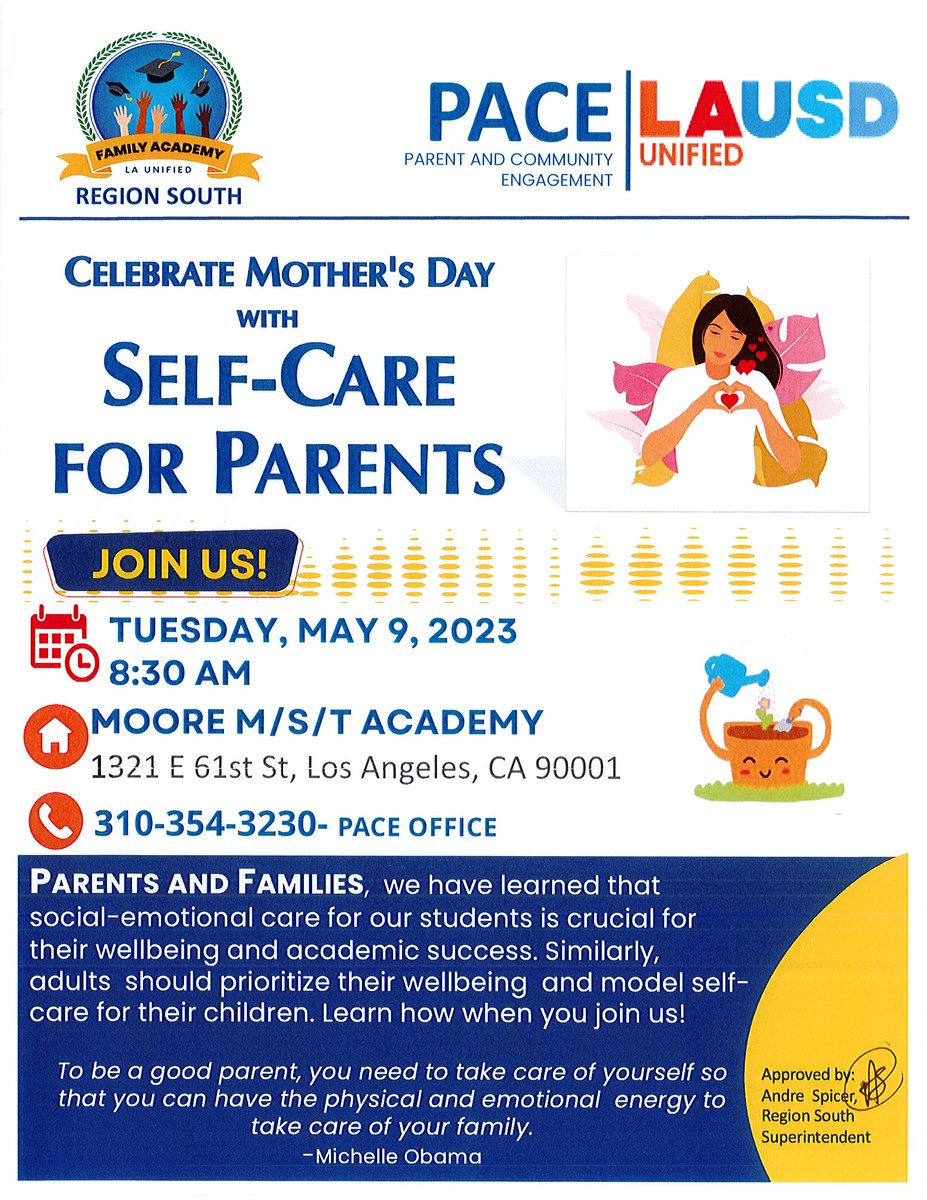 riveracommunity's tweet photo. @Moore Academy will host a in person LAUSD Family Academy Workshop  on Self-Care For Parent.
May 9th at 8:30 a.m.

Moore Academy / LAUSD Family Academy presentaran un taller en persona para padres de priorizando su autocuidado.
el 9 de mayo a las 8:30 a.m. https://t.co/HMjpJrhmi7