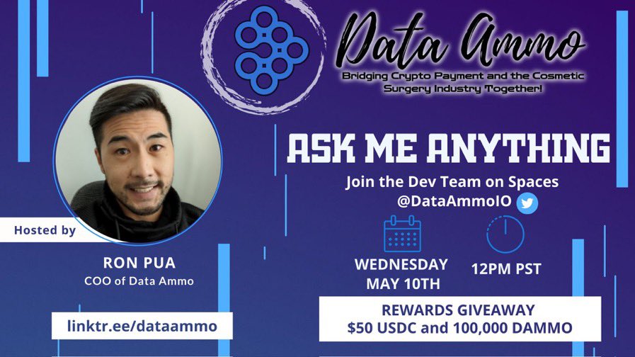 Mjeenp2004's tweet photo. Good morning Fam! Set your reminder for this Wednesday, 5/10 @12p PST on Spaces @DataAmmoIO. One Love ❤️ #Dataammo #PasaPay $DAMMO
✅Reward Giveaways: 50 USDC and 100,000 DAMMO
✅Follow, Like, and Retweet
✅Check our https://t.co/9RM82EnYaw https://t.co/Cr7omN4jpK