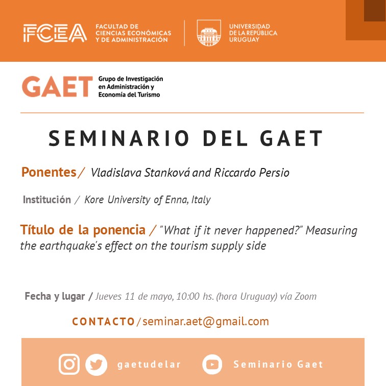 gaetudelar's tweet photo. Este jueves 11 de mayo a las 10 hs. de Uruguay continúa el ciclo de seminarios en Administración y Economía del Turismo.

Por inscripciones escribir al correo electrónico veronica.segarra@fcea.edu.uy https://t.co/yLidWdsQxs