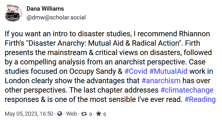 I've wanted to read <a href="/RhiFirth/">Rhiannon Firth 🧡</a>'s book "Disaster Anarchy" since it came out. Finally finished it. Clearly shows how an anarchist analysis belongs in the center of the disaster studies field. Highly recommended! <a href="/PlutoPress/">Pluto Press</a>