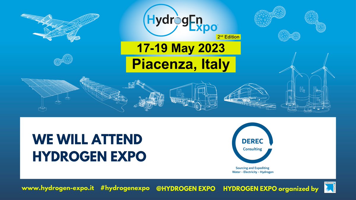 💥New #exhibitor at #hydrogenexpo
DEREC CONSULTING
Piacenza, Italy 17-19 May 2023
hydrogen-expo.it
#hydrogenexpo #idrogeno #h2 #energia #energierinnovabili #energytransition #netzero #decarbonizzazione #fuelcells #exhibition #b2b #conference #show #piacenzaexpo