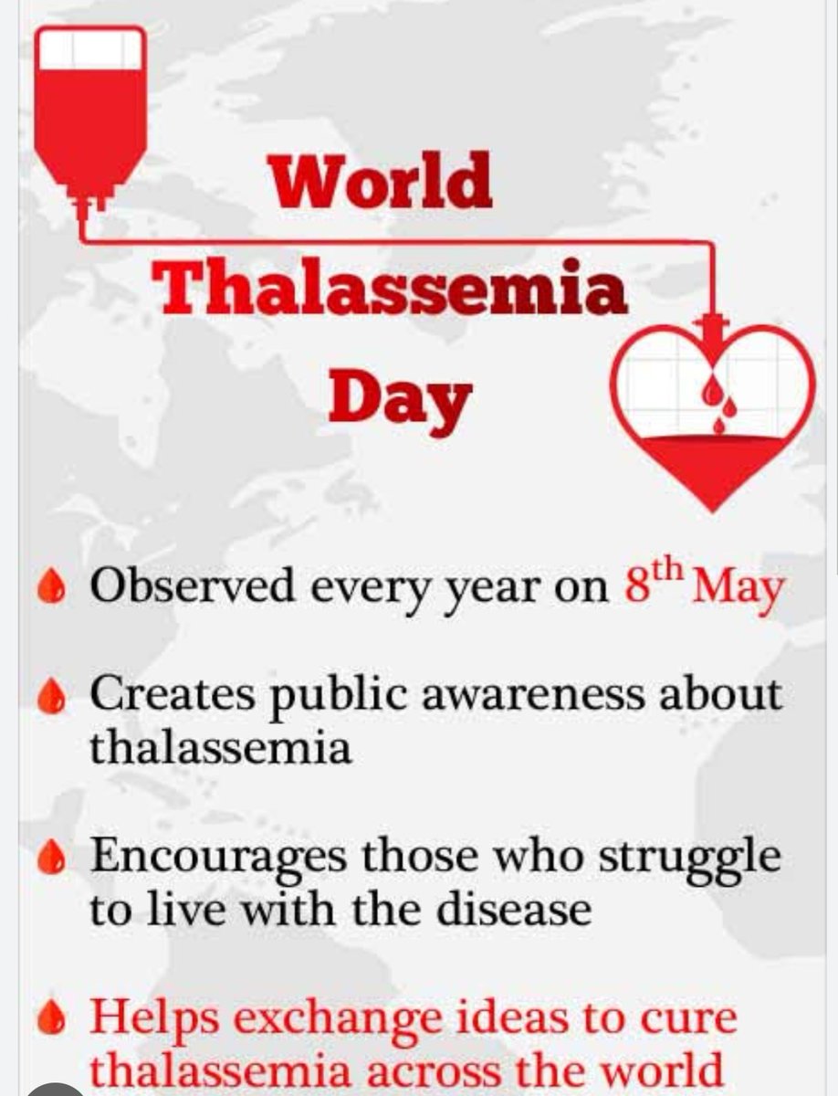 8th May is celebrated as #WorldThalassemiaDay 2 create awareness. This year's theme is: 'Be Aware. Share. Care: Strengthening Education to Bridge the Thalassaemia Care Gap.' This theme emphasizes d importance of education nd awareness in preventing nd treating thalassemia.