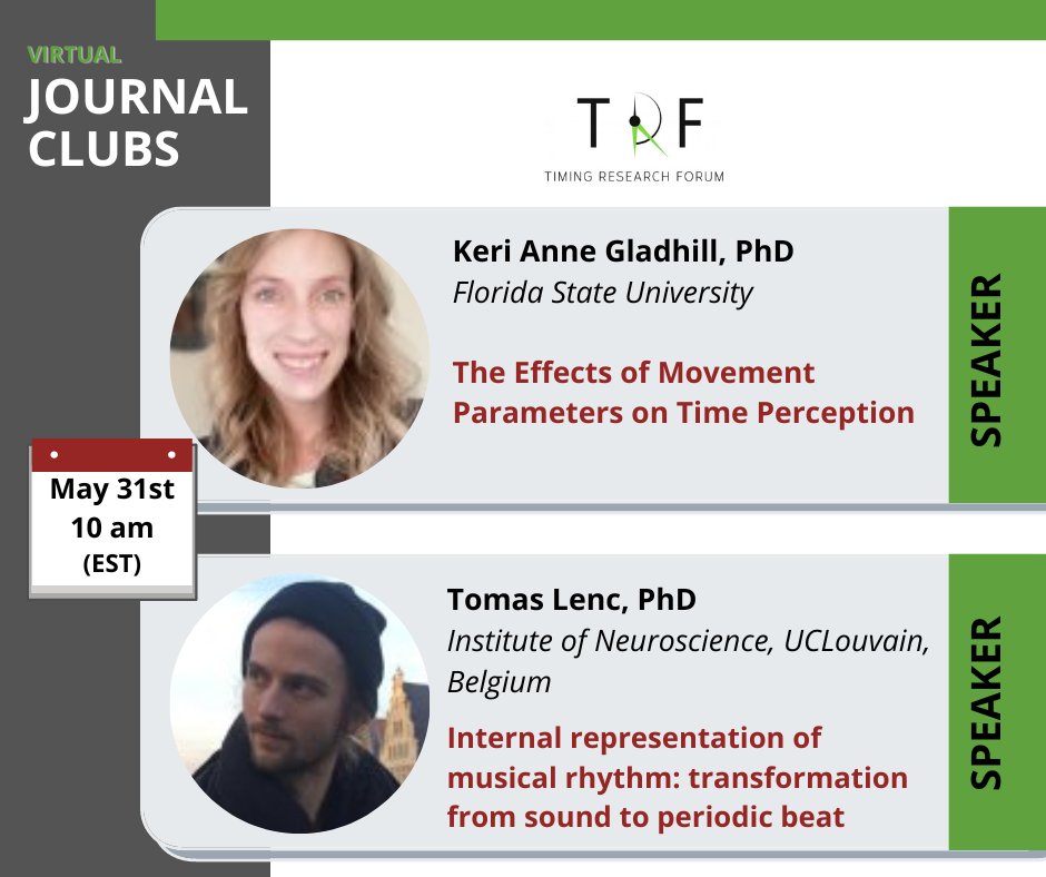 Come to our next #vJC!

<a href="/GladhillKeri/">Keri Gladhill, PhD</a> will talk about #Movement 💃 and #TimePerception 🕒 

<a href="/TomasLenc/">Tomáš Lenč 🇺🇦</a> will talk about Internal Representations 🧠 of Musical #Rhythms🥁

📅 May 31st at 10:00 a.m. EST📅

Register here:
mailchi.mp/d8e2fe8a50e4/n…