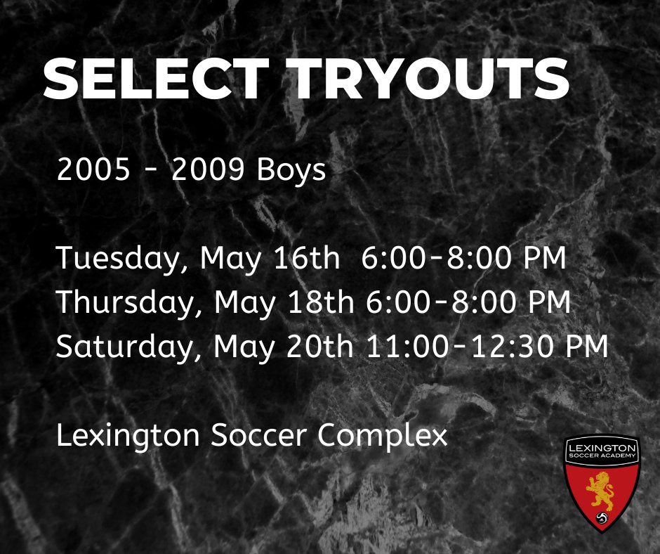 LexingtonSA's tweet photo. 🦁 Select Tryouts Begin Next Week🦁

Be sure to register online!

💻 https://t.co/CLzTIOBPYJ https://t.co/31EsRgFFFZ