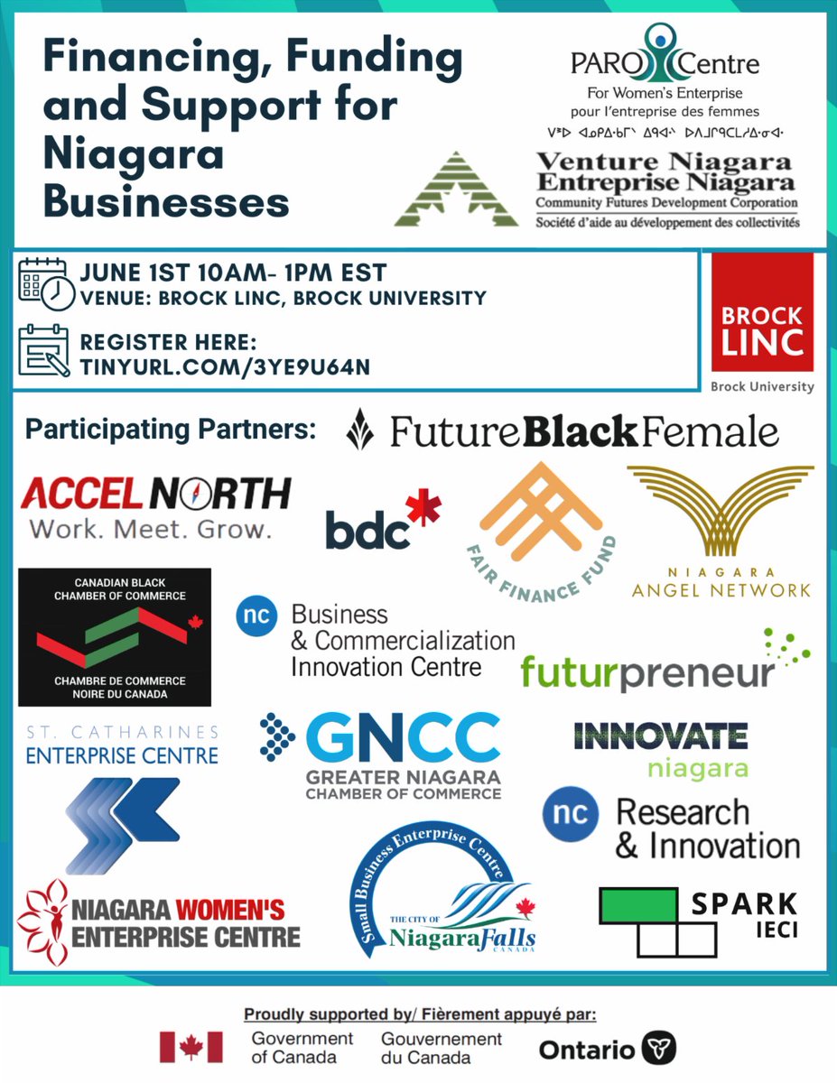 NiagaraVenture's tweet photo. Looking to start a business in Niagara?  Join us on June 1 @Brock_LINC for a session on Financing, Funding and Support for Niagara Businesses. Please register using this link https://t.co/XrgJmHS5QH
@PAROCentre 
@FairFinanceFund 
@fblackfemale 
@Accel_North 
@CDNBlackChamber https://t.co/d584QdPOe0