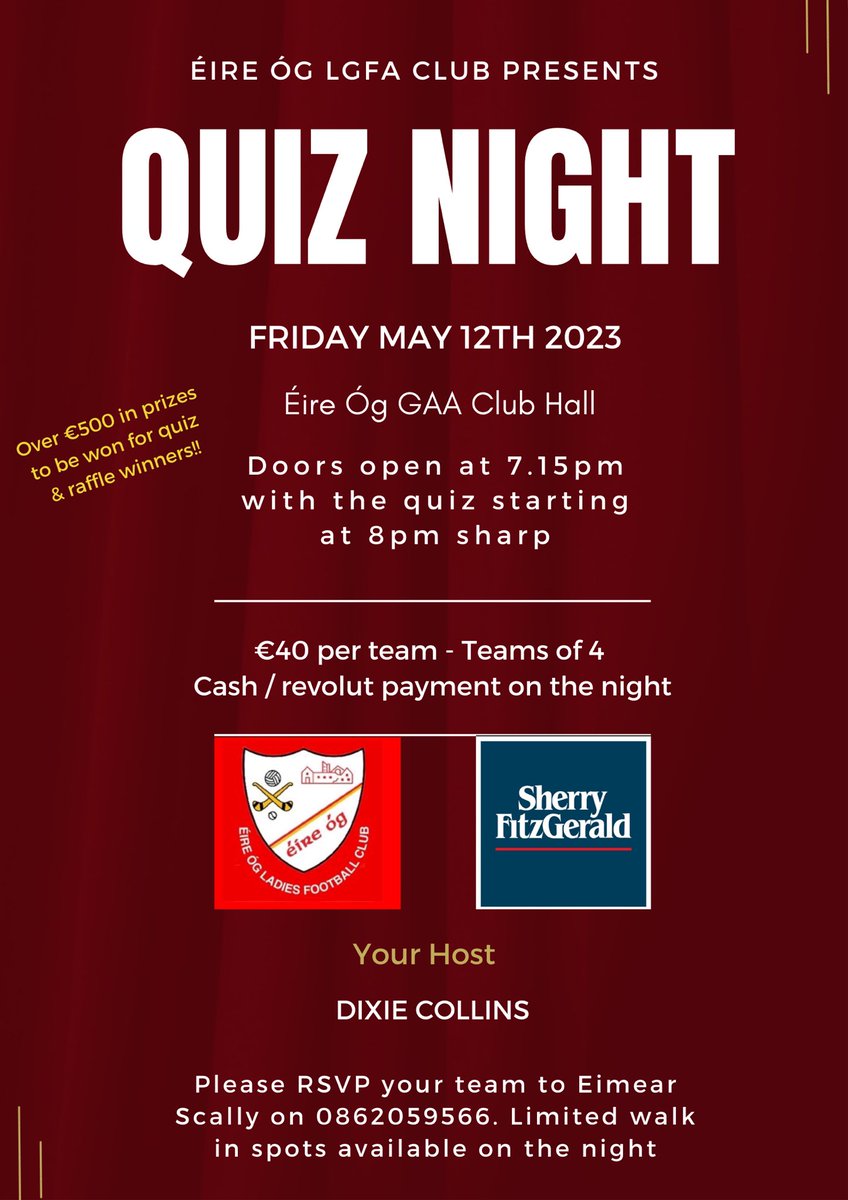 A good night in store this Friday night for anyone who fancies their chances 🤓 Contact me on the below number if you’d like to enter a team. <a href="/EireOgCork03/">Éire Óg Ladies Cork</a> <a href="/eireogcork/">Éire Óg Cork</a>