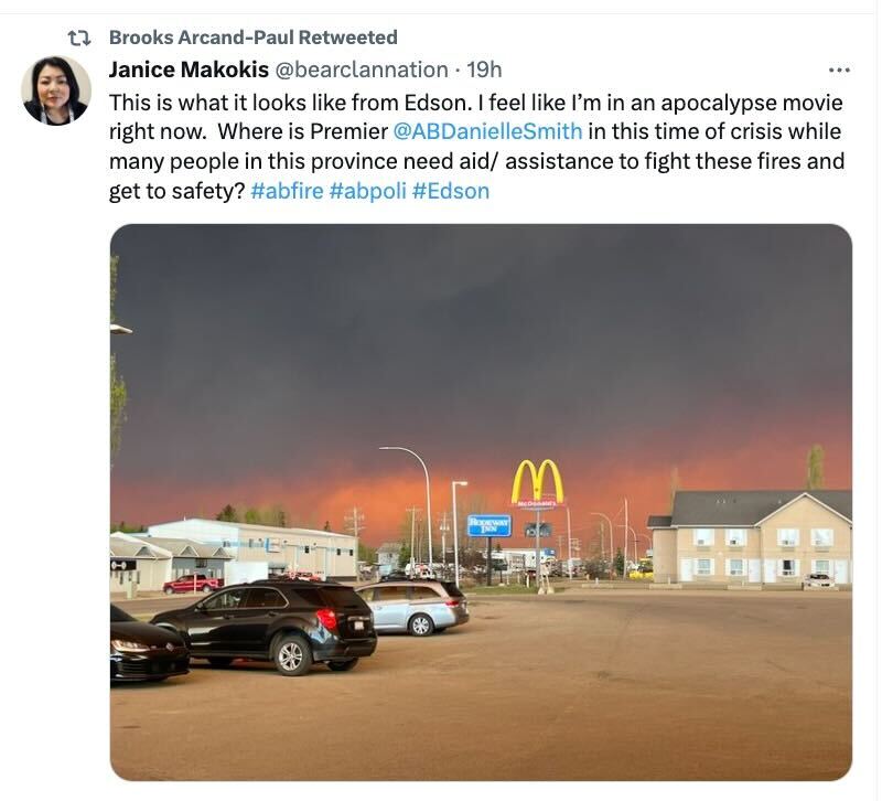 BrianJeanAB's tweet photo. People across Alberta are worried and scared right now.

I can tell you from deep personal experience with fire and flood that people don’t want or need any political game-playing at a time like this. 

I had hoped we could all put partisanship aside and deal with these wildfires together, but I’ve noticed several NDP candidates and their surrogates sharing disgusting tweets over the past several days and enough is enough. 

This is not the time. 

30,000 Northern Albertans are suffering right now. These NDP candidates and their surrogates should do the right thing and apologize so we can move forward. 
Put away the Twitter BS on the wildfires and try to be a decent human being for a while. 

If you can’t stay away from this topic, then leave Twitter and do something productive like volunteer at an evacuation shelter. #abvote #ableg #abpoli