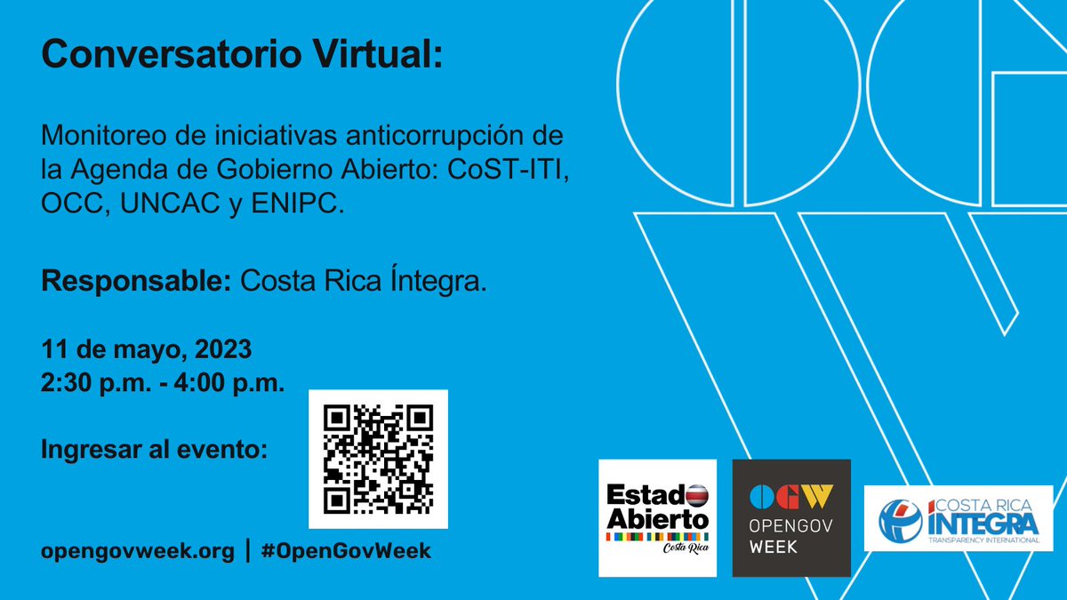 Costa Rica Íntegra te invita a ser parte del Conversatorio Virtual que platea iniciativas anticorrupción de la Agenda de Estado Abierto.

#OpenGovWeek