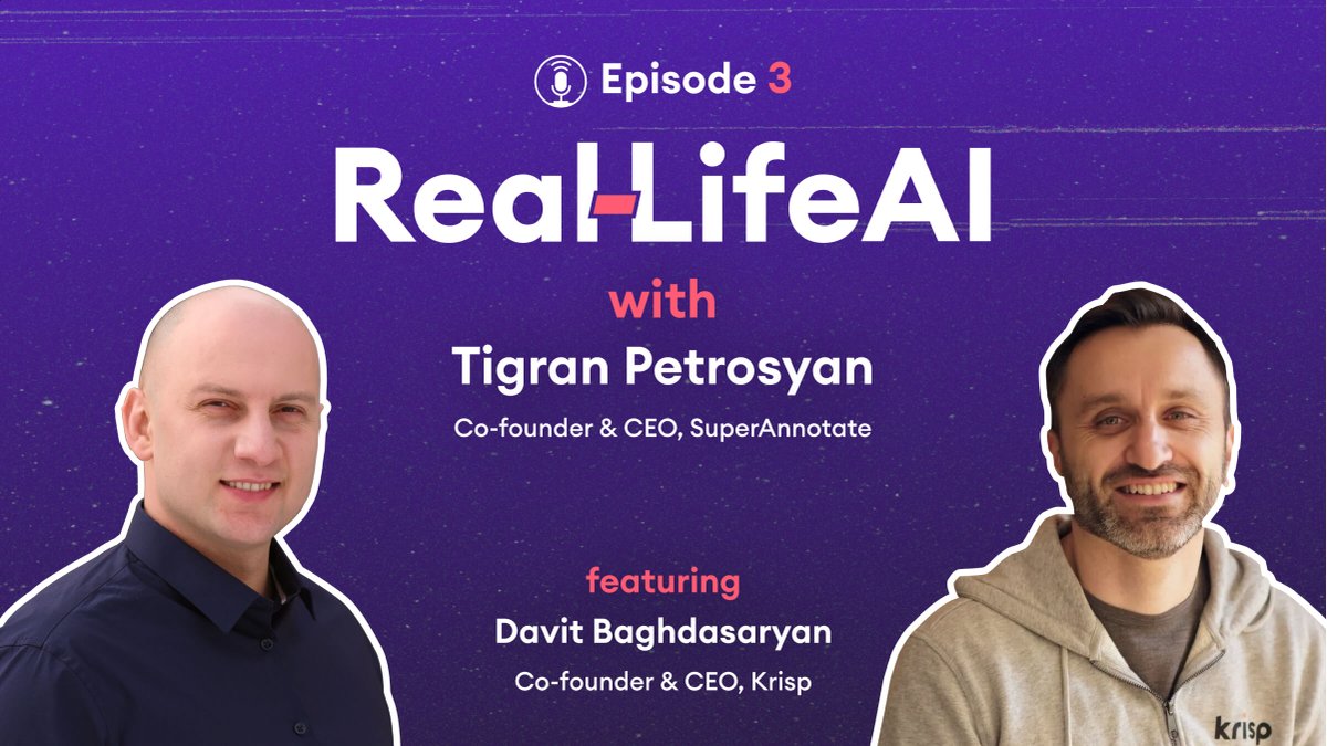 superannotate's tweet photo. The 3rd episode of the #RealLifeAI #podcast is LIVE! Davit Baghdasaryan, the co-founder and CEO of #Krisp, the world’s leading noise-canceling app, joined to share how they turned their AI #innovation into a product that is now loved by millions of users: https://t.co/UKM2qfGUmc https://t.co/HFXPjXSbt5