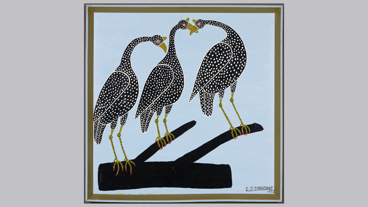 We're loving this painting by Edward Saidi Tingatinga. The patterns are influenced by the patterns of factory print cloth, and their cursive nature of decorative patterns may be traced to Swahili art and calligraphy. 🔎 Conger Birds, 1972, Edward Saidi Tingatinga, Tanzania