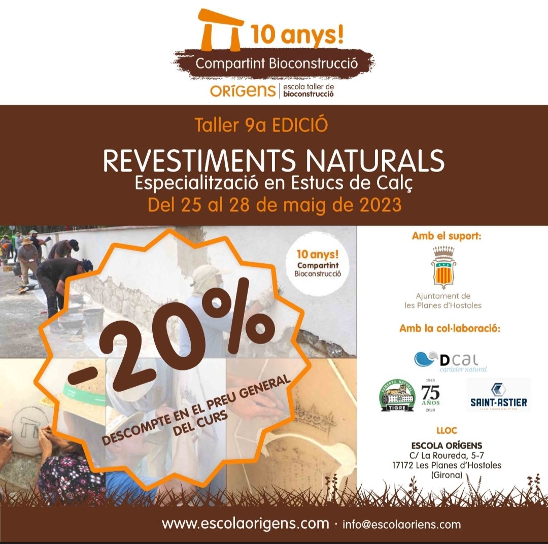 Oferta!! 
Pròxim curs Revestiments Naturals. Del 25 al 28 de maig.
No us ho perdeu, encara queden places!!
Més informació a escolaorigens.com
