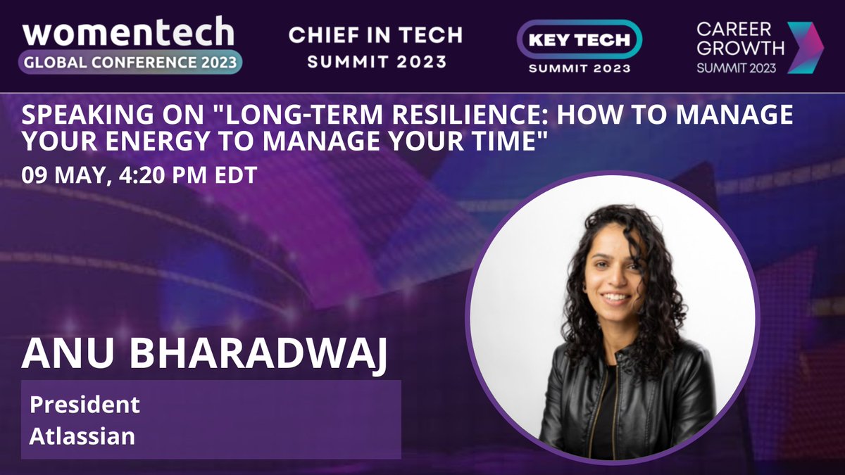 WomenTechNet's tweet photo. ⏭ NEXT UP: Anu Bharadwaj, President at @Atlassian - “Long-term resilience: How to manage your energy to manage your time”
📣 Advice for women at all stages in their career
🚀Join now: https://t.co/U4jvG4ycSV
#WTGC2023 #womenintech #inspiration #chiefintech #clevel #live https://t.co/Ha1TCZKjRT