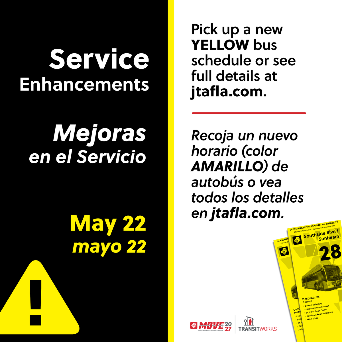 JTAFLA's tweet photo. The JTA is pleased to announce the next round of service enhancements will begin Monday, May 22 following recommendations and customer feedback.  

For full details on route &amp; schedule changes, visit https://t.co/djZS9VTxWK or call our Customer Service team at (904) 630-3100. https://t.co/I9m4xxuL4T