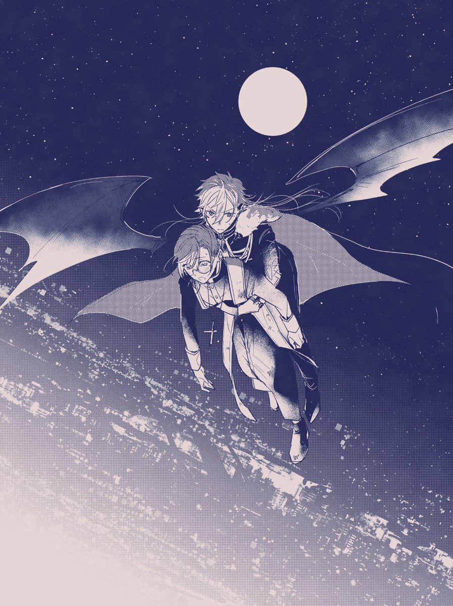 moon multiple boys wings 2boys male focus full moon carrying  illustration images