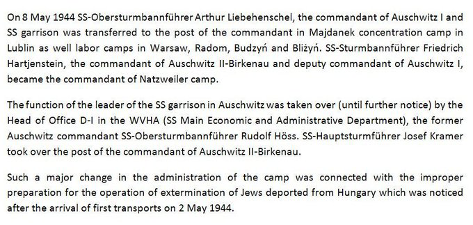 AuschwitzMuseum's tweet image. 8 May 1944 | SS-Obersturmbannführer Rudolf Höss, the creator and the first commandant of the German Nazi #Auschwitz camp, returned as the SS garrison chief with the task of supervising the operation of the extermination of Jews deported from #Hungary. lekcja.auschwitz.org/en_6_dep_zydow/