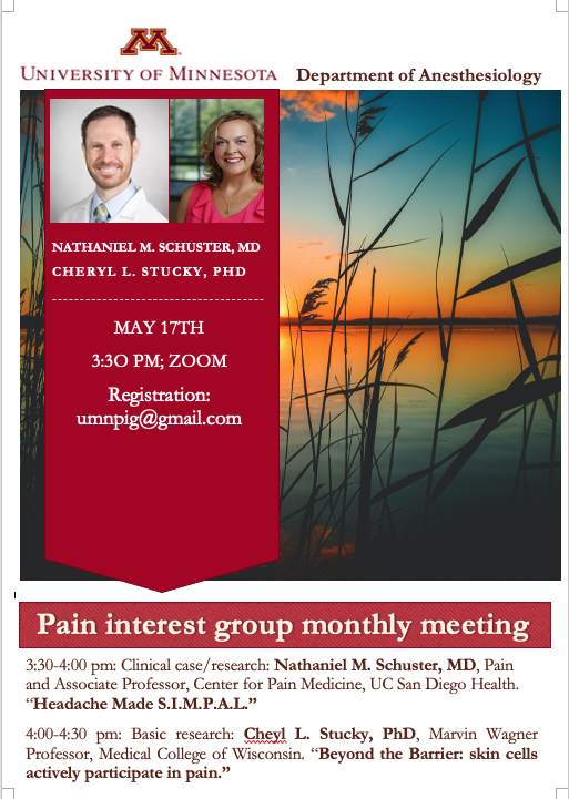 Ratan Banik (@talktoratan) on Twitter photo Join <a href="/UMNanes/">UMN Dept. of Anesthesiology</a> #pain interest group meeting on 5/17 at 3:30 pm CST via <a href="/Zoom/">Zoom</a> with <a href="/NatSchusterMD/">Nat Schuster</a> of <a href="/UCSDHealth/">UC San Diego Health</a> and <a href="/Dr_CherylStucky/">Cheryl Stucky</a> of <a href="/MedicalCollege/">Medical College of Wisconsin</a>
#MedTwitter <a href="/FutureAnesRes/">FutureAnesRes</a> #anesthesiology
<a href="/ShravaniD_MD/">Shravani Durbhakula, MD, MPH, MBA</a>, <a href="/mbroach4/">Mustafa Broachwala</a>, <a href="/ZackMcCormickMD/">Zachary McCormick, MD</a>
<a href="/VwaireO/">Vwaire Orhurhu</a>
đź”—Zoom link - umnpig@gmail.com Join <a href="/UMNanes/">UMN Dept. of Anesthesiology</a> #pain interest group meeting on 5/17 at 3:30 pm CST via <a href="/Zoom/">Zoom</a> with <a href="/NatSchusterMD/">Nat Schuster</a> of <a href="/UCSDHealth/">UC San Diego Health</a> and <a href="/Dr_CherylStucky/">Cheryl Stucky</a> of <a href="/MedicalCollege/">Medical College of Wisconsin</a>
#MedTwitter <a href="/FutureAnesRes/">FutureAnesRes</a> #anesthesiology
<a href="/ShravaniD_MD/">Shravani Durbhakula, MD, MPH, MBA</a>, <a href="/mbroach4/">Mustafa Broachwala</a>, <a href="/ZackMcCormickMD/">Zachary McCormick, MD</a>
<a href="/VwaireO/">Vwaire Orhurhu</a>
đź”—Zoom link - umnpig@gmail.com