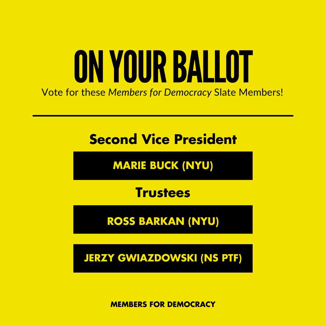 leesean's tweet photo. Today and tomorrow (May 8-9) are voting days for @UAW7902 members at NYU &amp; The New School. I voted for Marie Buck, @RossBarkan, and @jgwz on the Members for Democracy slate and I encourage you to do the same. https://t.co/zrMypTM2yS