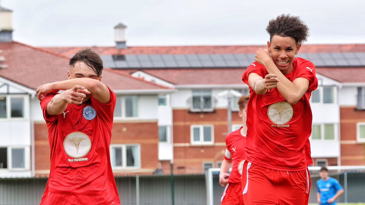 RylandsFCU17s's tweet photo. Goal celebrations by Rhys &amp; Remi after todays 1-1 draw against @RylandsU15 
#wearerylands 
@RylandsFC @jpluk https://t.co/udxjFjKSni