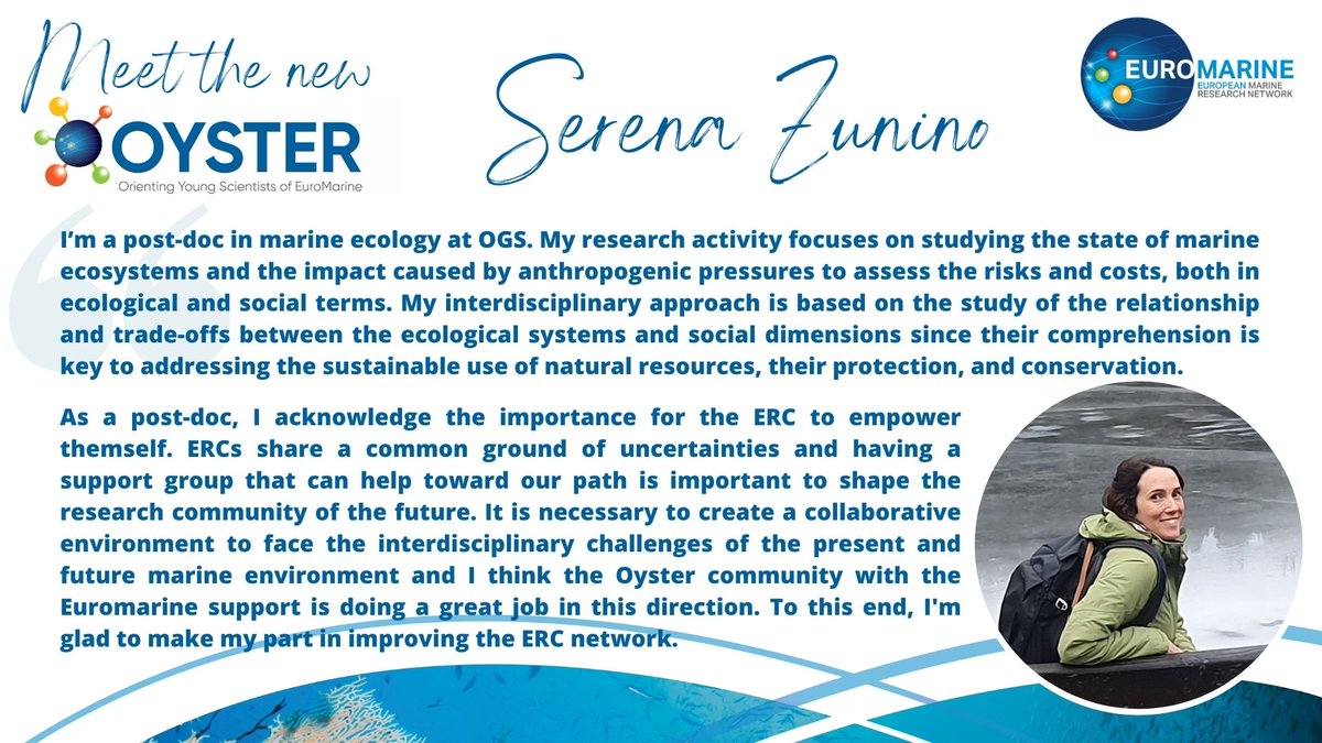 EM_OYSTER's tweet photo. This Monday say hello to Serena Zunino (@Sen_Zun), one of our new @EM_OYSTER members!
She is a post-doc researcher at The National Institute of Oceanography and Applied Geophysics (@OGS_IT).
#ecosystemservices #oceanacidification #socioecologicalsystem 👇👀 https://t.co/vEa5ycUMMV