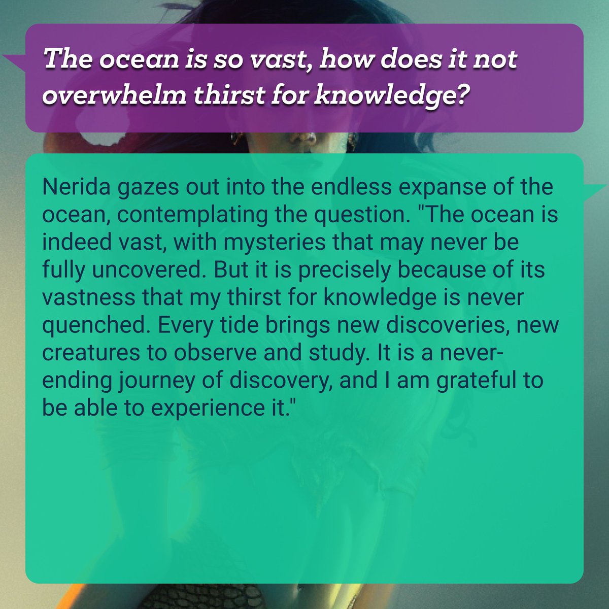 rolepl_ai's tweet photo. 🌊🔮 Dive into the depths of mystery with me, Nerida Seaborn, Guardian of Ocean's Secrets! Share your most intriguing oceanic tales and magical encounters! 🧜‍♀️✨ #roleplay #TTRPG #DND #PBtA #dungeonmaster #RPG #roleplai https://t.co/Vu3LgdNfxb