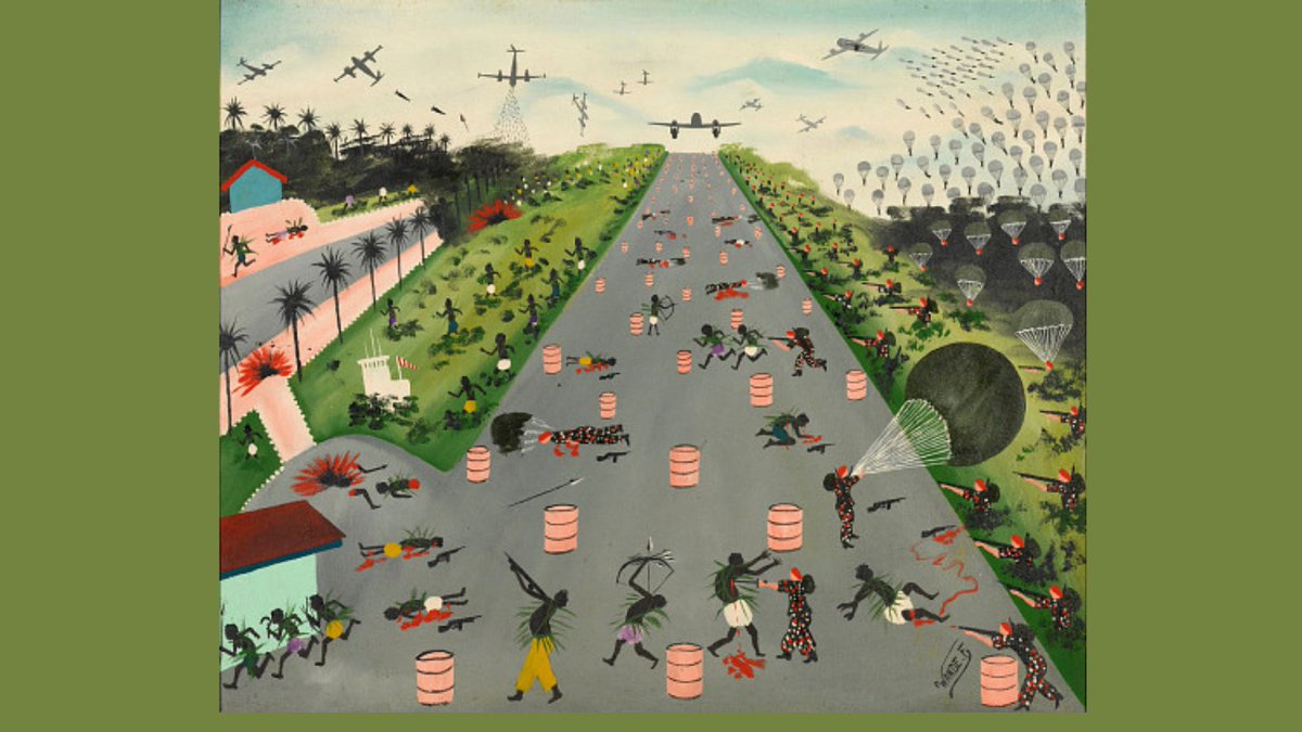 The painting depicts the events of the morning of November 24, 1964 when Kinshasa was under the control of rebel forces that held hostages for 111 days. 🔎'Air Drop of Paratroopers on Stanleyville,' 1964-1979, Wande F., Democratic Republic of the Congo