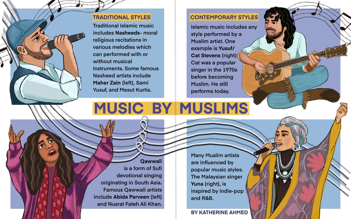 Music by Muslims 🎤🎶 
This is a spread from my book pitch- Art by Muslims! I have spot illustrations of Nasheed artist Maher Zain, singer-songwriter Yusuf/ Cat Stevens, Qawwali artist Abida Parveen and singer-songwriter Yuna. #kidlitart #kidlit