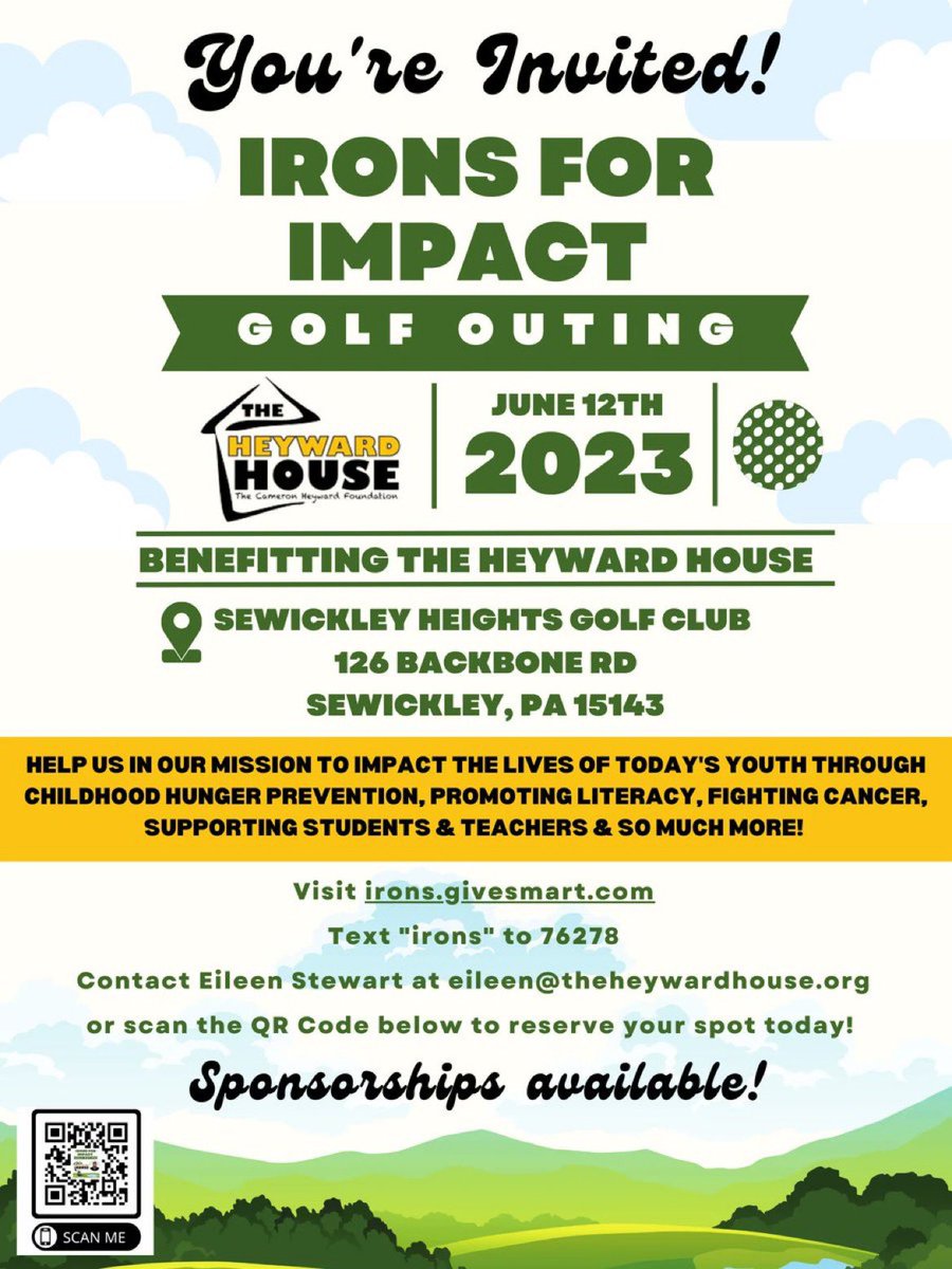 ⛳ #YOUREINVITED to #ironsforimpact2023 to help achieve our mission to impact the lives of today's youth 

⛳ #sponsorships #foursomes and individual #golfers available for purchase! bit.ly/3nvkXb0 

#impact97 #cameronheywardfoundation #camheyward #heywardhouse