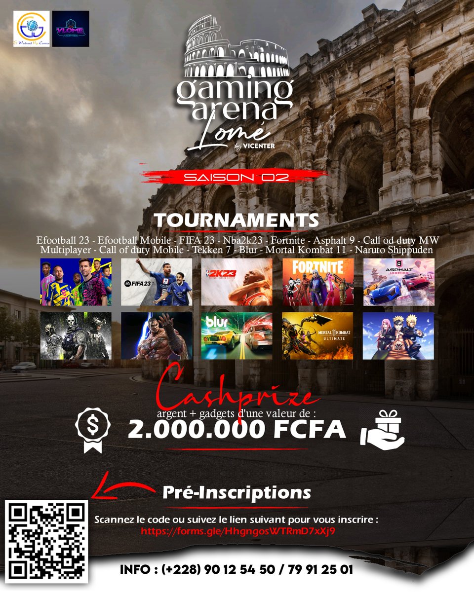 VicenterLome's tweet photo. Gaming Aréna Lomé
revient dans sa saison2 avec des tournois sur une variété de jeux populaires, tels que Call of Duty Mobile,  Efootball 23, Asphalt 9, Naruto Shippuden Ultimate Storm 4, Fifa 23, NBA 2K, Tekken 7, Mortal Kombat, et bien d'autres encore !
#TgTwittos https://t.co/NIDToyCM59