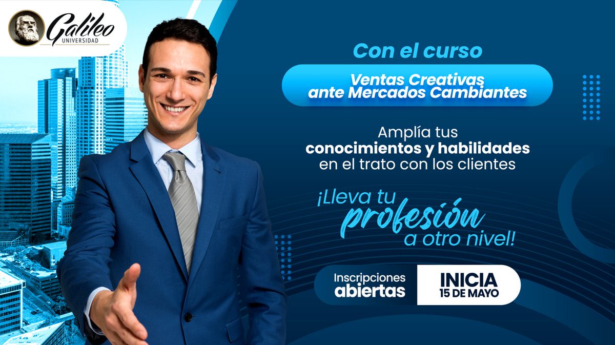 ¡Nuevo Curso Ventas Creativas ante Mercados Cambiantes! Está diseñado para que destaques entre tus competidores y utilices todos los canales de acercamiento para llegar a clientes nuevos y antiguos.

📅Inicio: 15 de mayo 2023
¡Inscríbete hoy!   eventos.galileo.edu/detalle/631