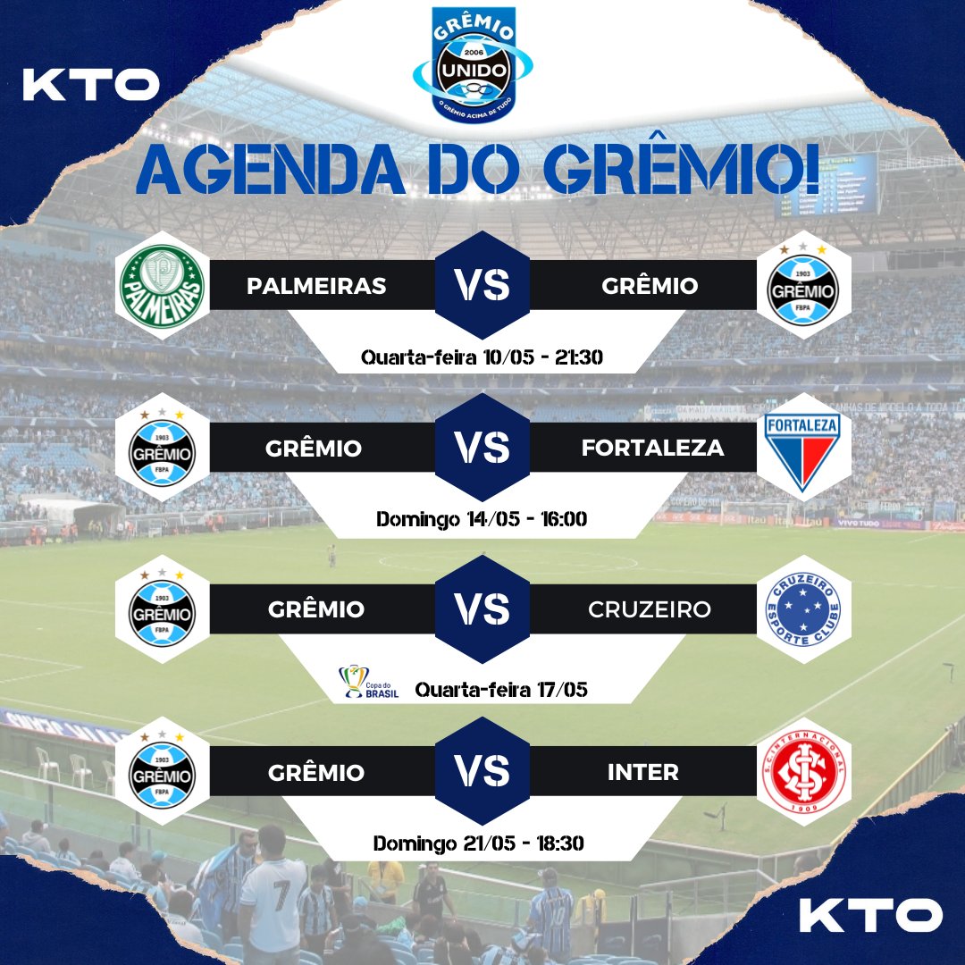 ⚠️ Atenção para os próximos jogos do Tricolor! 

#Gremio 

Oferecimento: <a href="/KTO_brasil/">KTO Brasil</a>
