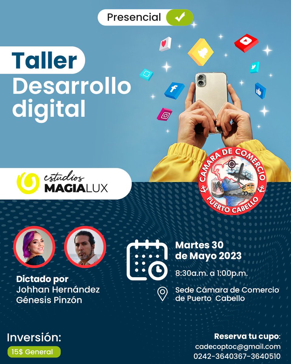 camarapcabello's tweet photo. Junto a Magialux Estudios harás la diferencia. Solo debes asistir con tu teléfono.

Facilitadores: @gene.creativa @johhanmagialux 
Fecha: martes 30 de mayo, 2023
Hora: 8:30 a.m. a 1:00 pm
Lugar: Sede Cámara de Comercio de Puerto  Cabello
Inversión: 15$ https://t.co/Ev8sHmChkI