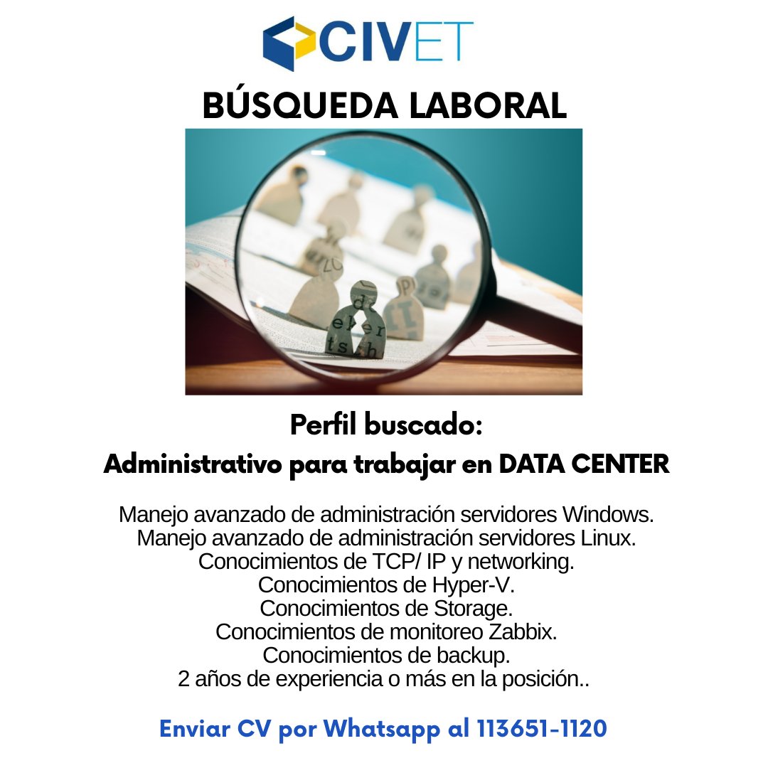 civeteducacion's tweet photo. #CIVET ➡ BÚSQUEDA LABORAL
Administrativo/a para trabajar en DATA CENTER.
Lugar de Trabajo: CABA.
Jornada: Lunes a Viernes.
2 días presencial y 3 home office.
Enviar CV por whatsapp al 11-3651-1120 (Civet) 
ℹ️ Más información 🔗https://t.co/ZL4Foyajzc https://t.co/P5VEwB8zhv