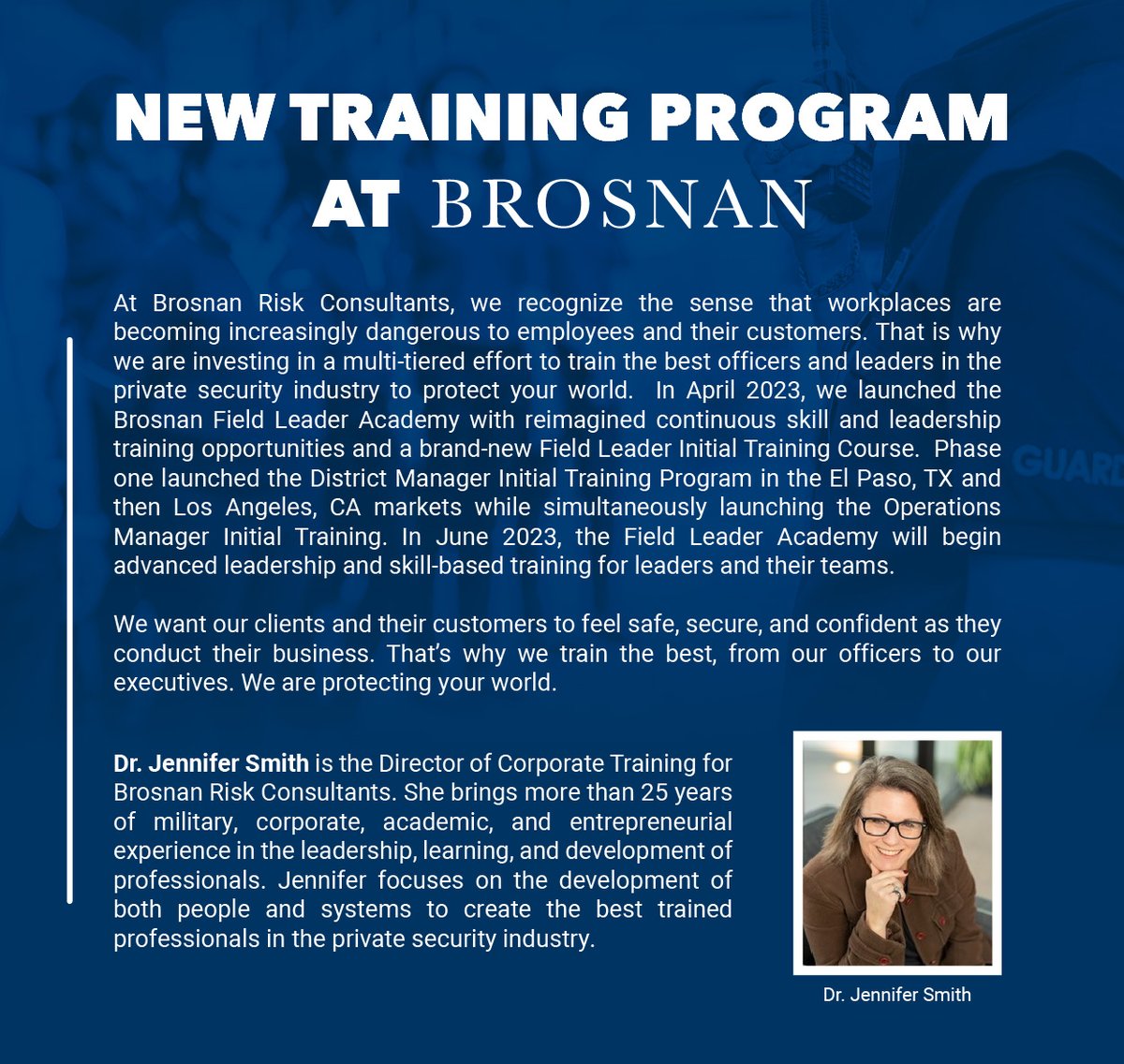 brosnansecurity's tweet photo. Meet Brosnan's new Director of Corporate Training, Dr. Jennifer Smith!

#securitytraining #corporatesecurity #securityservices #securityprofessionals #privatesecurity https://t.co/qWn7YTQvMD