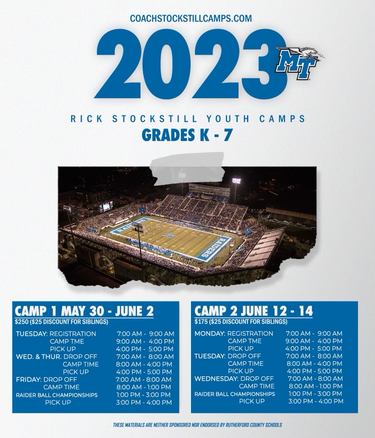 Camp season is coming up. Register your future Blue Raider for <a href="/CoachStock/">Coach Stock</a>'s youth camps!

For more information and to register for camp this summer, visit CoachStockstillCamps.com.

#BLUEnited | #EATT
