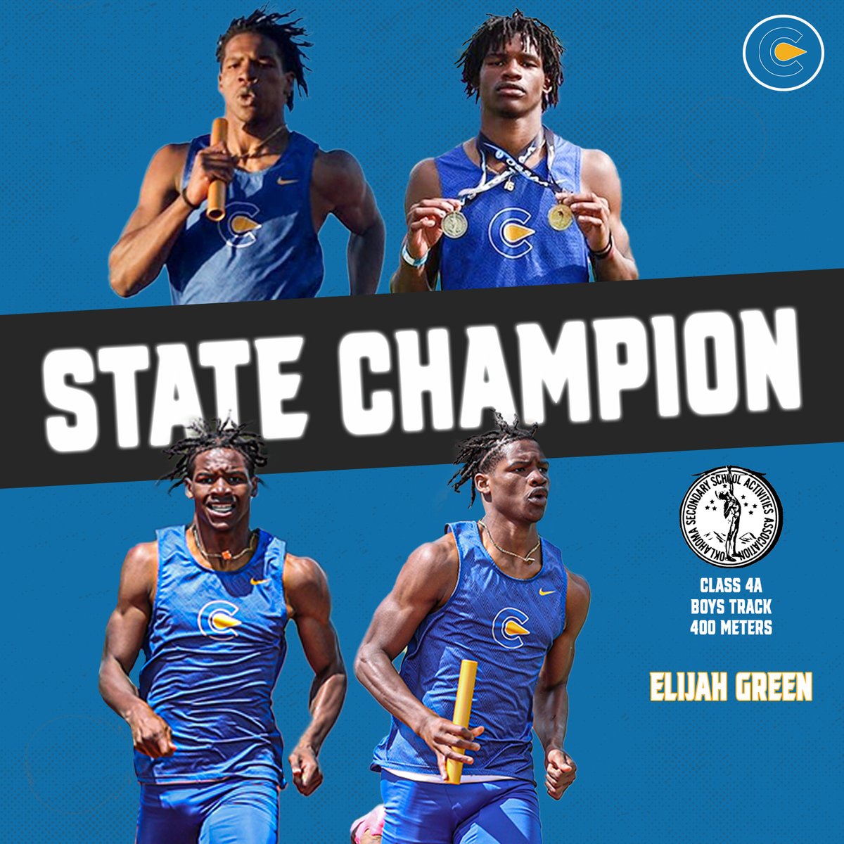 𝙎𝙏𝘼𝙏𝙀 𝘾𝙃𝘼𝙈𝙋 🏆👟 Congratulations to the electric @Elijah_green1 from @ClassenSASOKC for bringing home the gold medal in the 400-meters in last weekend's Class 4A State Track Meet in Ardmore! Elijah posted a time of 48.7 in the event 🔥 @OKCPS