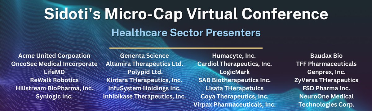 SidotiResearch's tweet image. See these #healthcare management teams present live and submit your questions during their Q&amp;amp;A. $ACU $CYTO $ANPC $BXRX $CRDL $COYA $HUGE $GNTA $GNPX $HILS $HUMA $INFU $IKT $KTRA

ow.ly/fqFJ30svfWR

All investors are welcome to join free of charge:
ow.ly/KCPS30svfWS