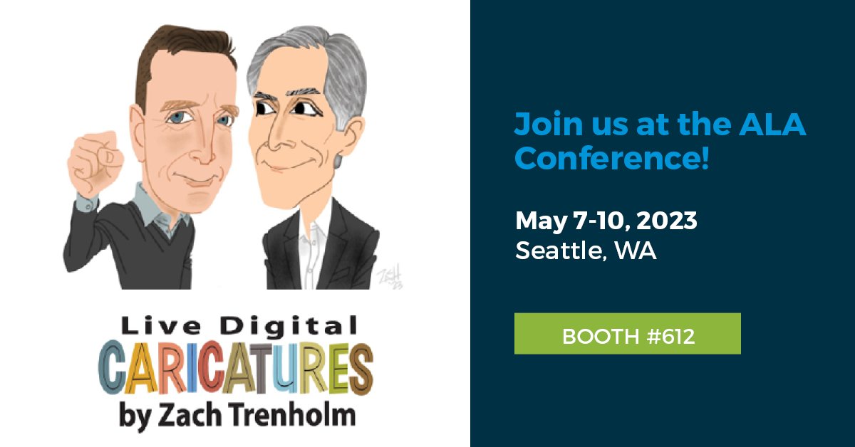 Connect with CTM at ALA 2023 this week in Seattle! 

Chat with us at booth #612 to get your “portrait” by caricaturist Zach Trenholm.
(See his rendition of CTM’s Evan Friedman and Andy Lawlor!)

About the conference: ow.ly/Jo9m50Oihlu

#ALABuzz #businesstravel #biztravel