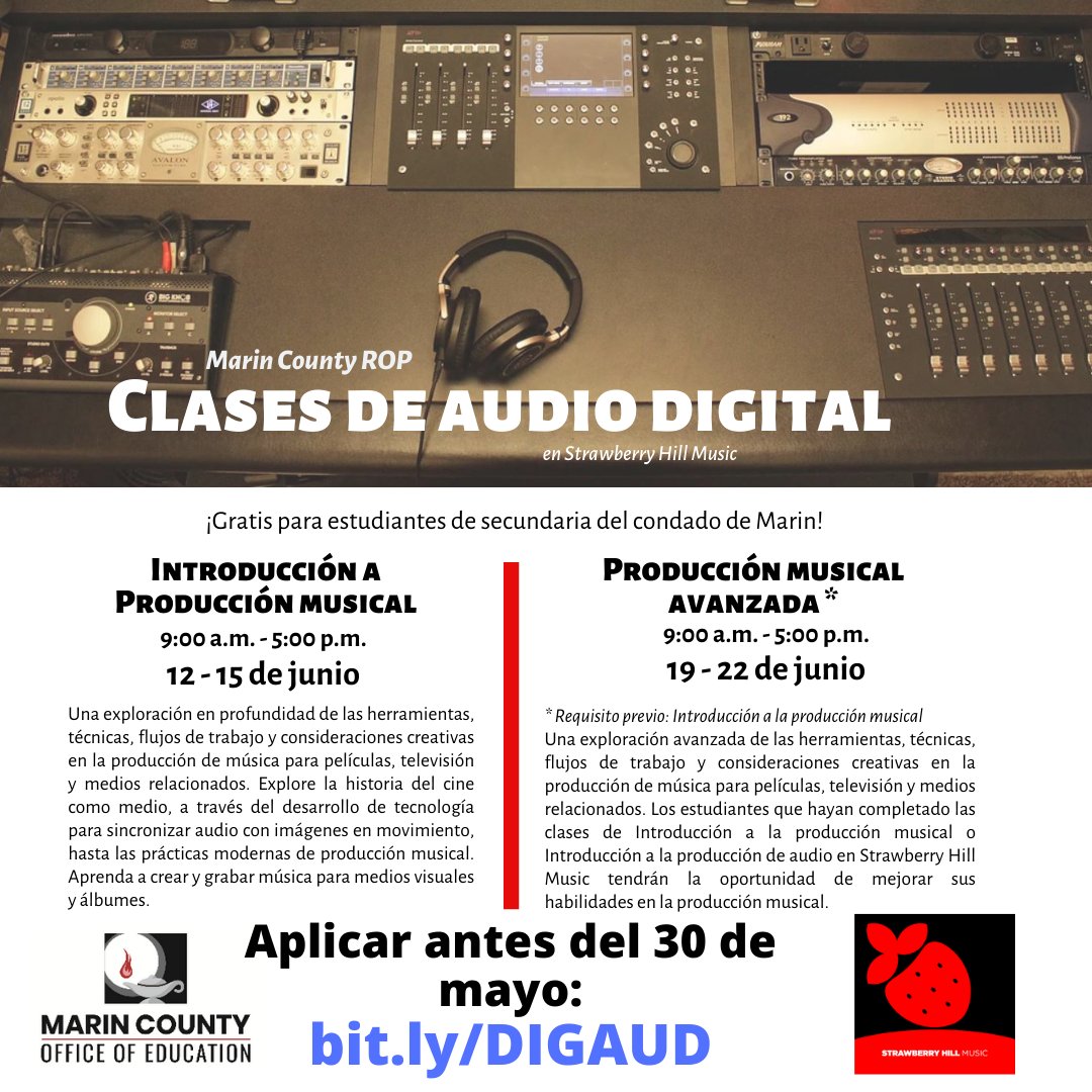 Digital Audio classes at Strawberry Hill Music are back! The Intro &amp; Adv. Music  classes are taught in a professional studio with world-renown artist Raj Ramayya. space is limited. Apply by May 30! bit.ly/DIGAUD
#DigitalAudio #RegionalOccupationalProgram #MarinROP