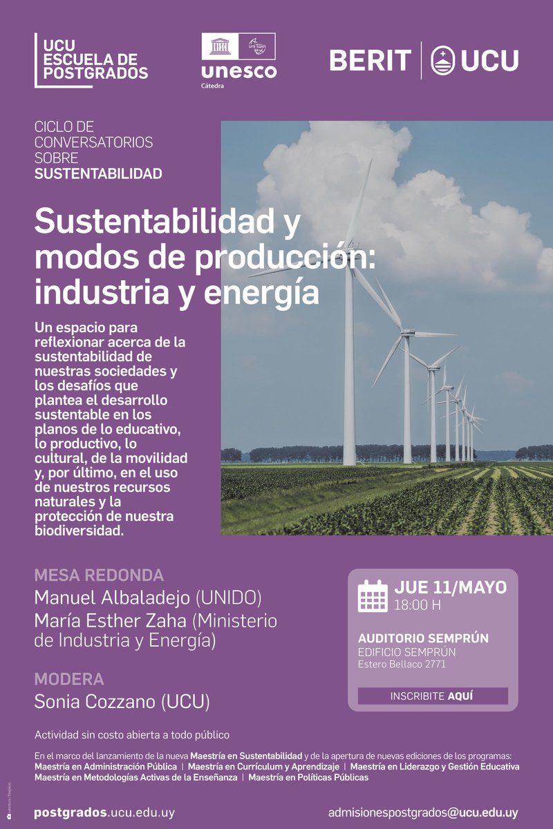 Este jueves 11 a las 18h celebramos el segundo conversatorio de nuestro ciclo sobre sustentabilidad en <a href="/UCUoficial/">Universidad Católica</a>. Una excelente oportunidad para escuchar a dos referentes en sustentabilidad <a href="/Albaladm/">Manuel Albaladejo</a> y Maria Ester Zaha - con <a href="/CozzanoSonia/">Sonia Cozzano</a>. Inscripciones: ucu.edu.uy/es/node/50725